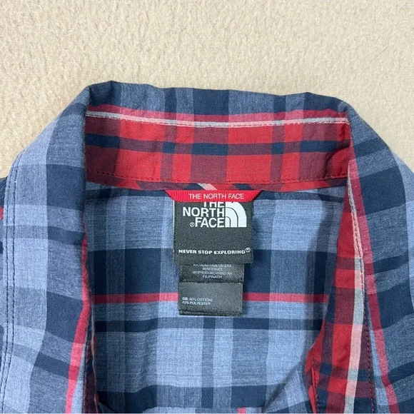 THE NORTH FACE Shirt Mens Medium Red Blue Plaid Short Sleeve Snap Front Hiking - Picture 5 of 9